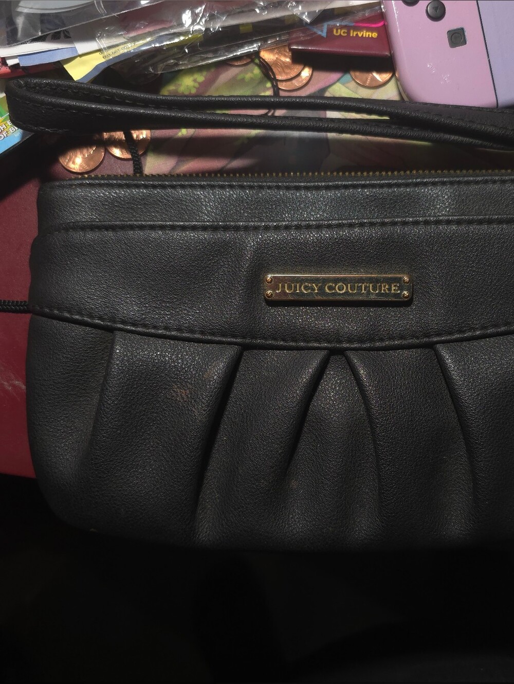Juicy Couture Black Pleated Wristlet with Gold Plate